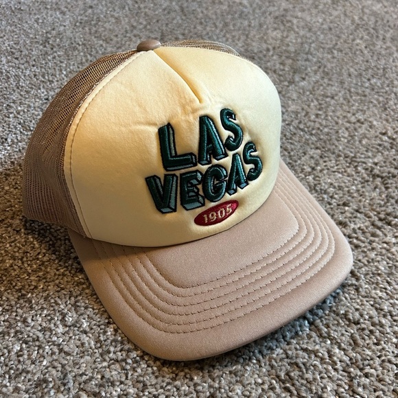 las vegas Accessories - Las Vegas Embroidered Beige and Tan Trucker Hat 1905